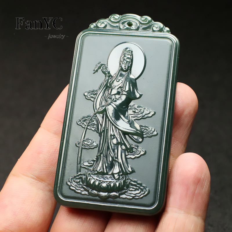 Ethnic Fashion Men - Natural Hetian Jade Qingyu Guanyin colar